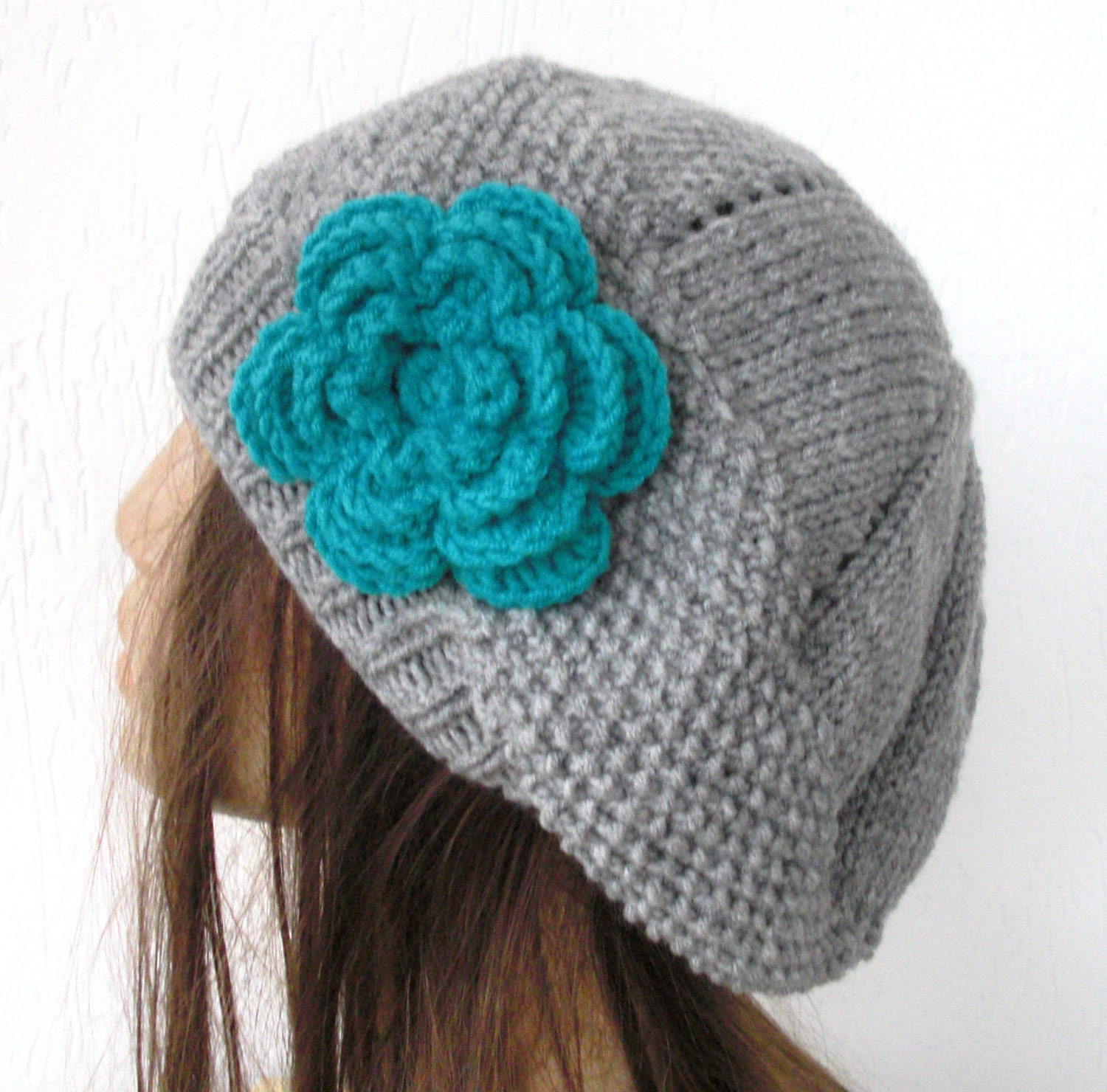 Hand Knit Hat - Winter hat -Womens hat- beret hat  Silver  Gray  turquoise  flower-  Slouchy hat  Beanie  beret  Fashion Winter Accessories