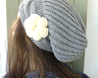 Hand Knit Hat- Womens hat - chunky knit Slouchy Beanie  Slouch  Hat Flower  Winter Accessories knitted beret silver gray Autumn Fashion