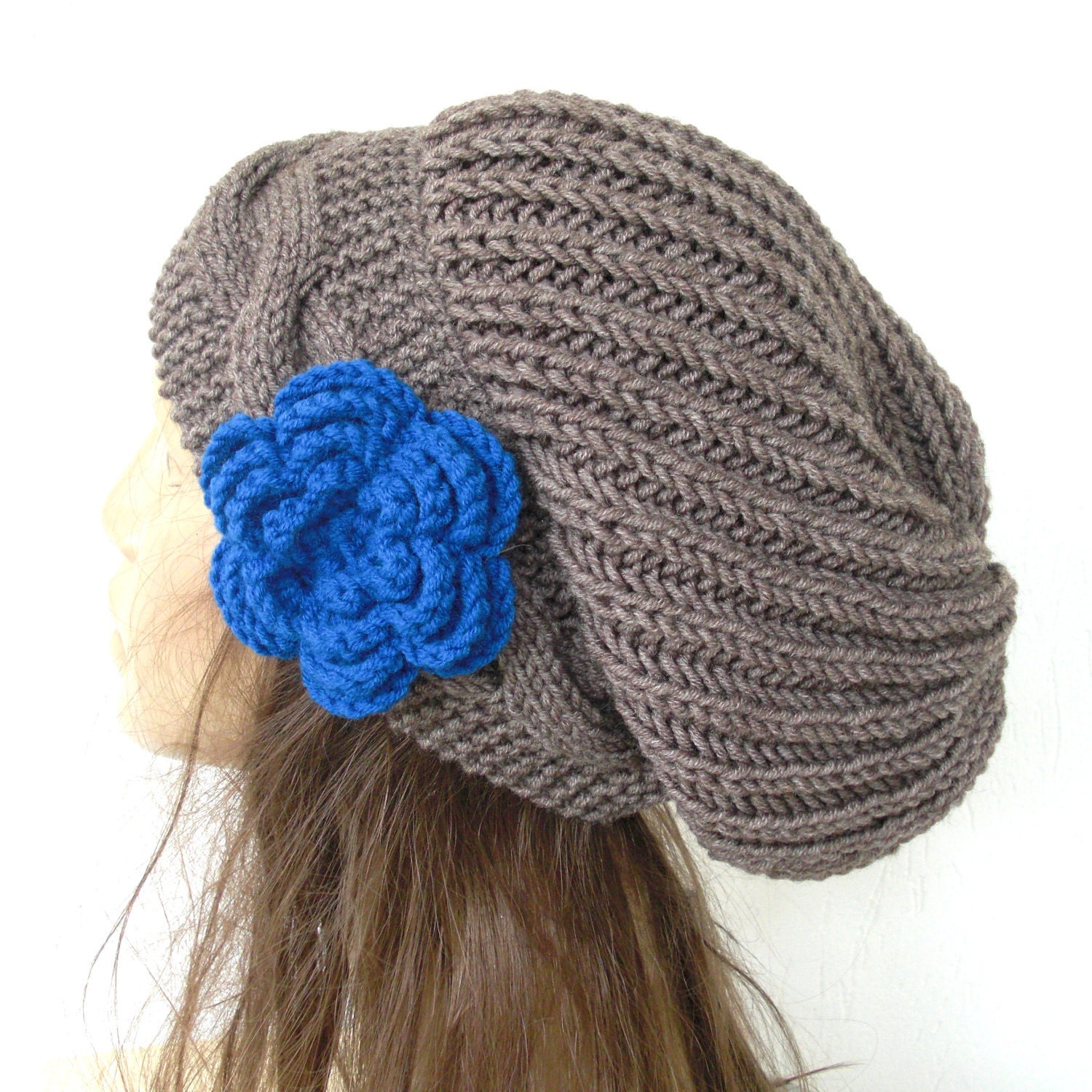 Hand Knit Hat- Womens hat - chunky knit Slouchy Beanie  Slouch  Hat Flower  Fall Winter Accessories  beret taupe Autumn Fashion