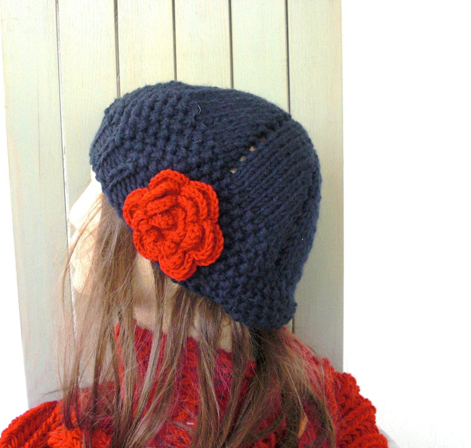 Hand Knit Hat - Womens hat- beret  Navy Blue with red  flower- womens Slouch Beanie    Fashion gifts  Winter Accessories hat fashion tam