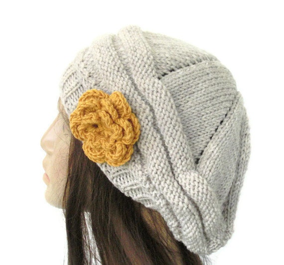 Hand Knit Hat - chunky knit Beehive beret Oatmeal mustard flower- womens hat Slouch Beanie