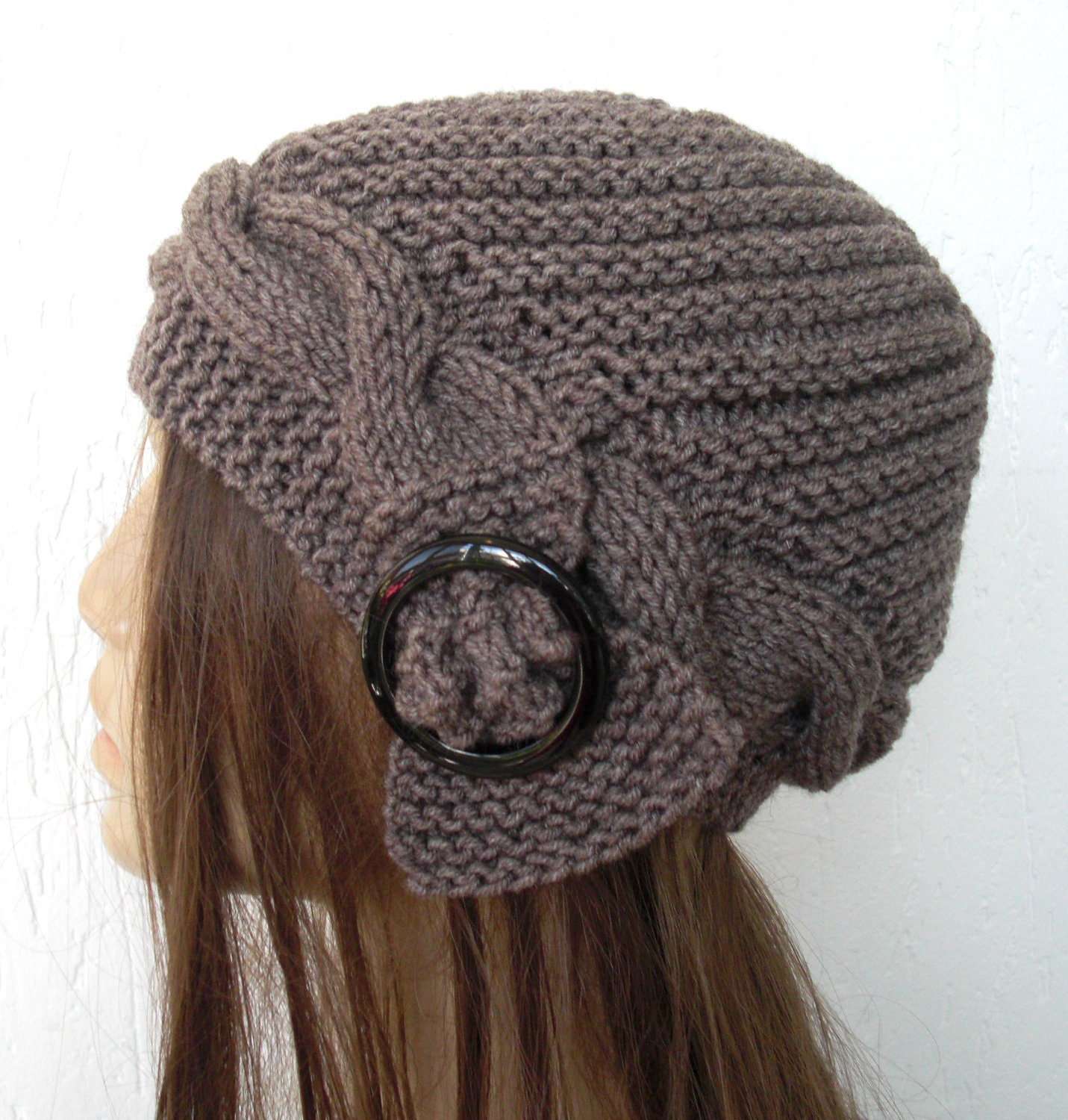 Hand Knit  Turban  Hat  Cloche Hat  in  taupe with black buckle  Womens cable knit   Hat Autumn winter Fashion Accessories Valentines Day