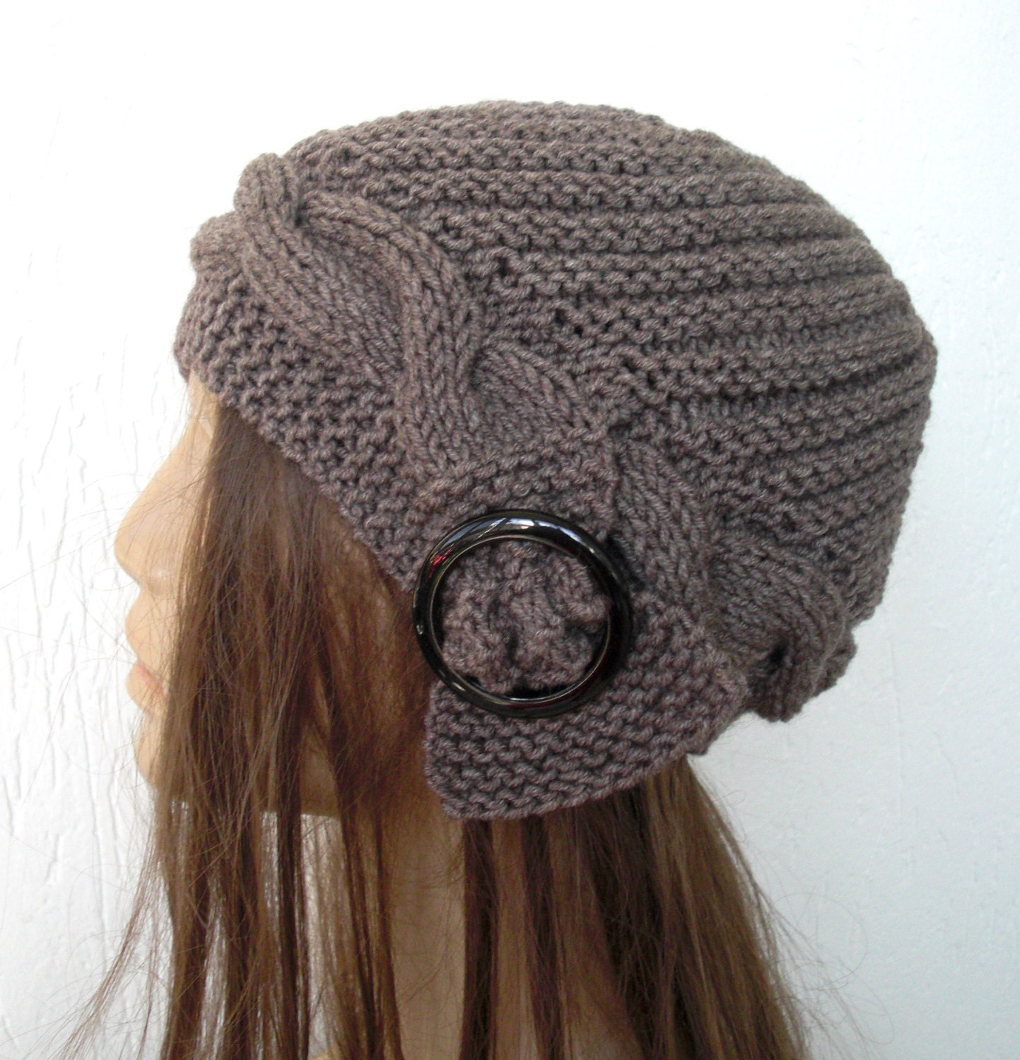 Hand Knit  Turban  Hat  Cloche Hat  in  taupe with black buckle  Womens cable knit   Hat Autumn winter Fashion Accessories Valentines Day