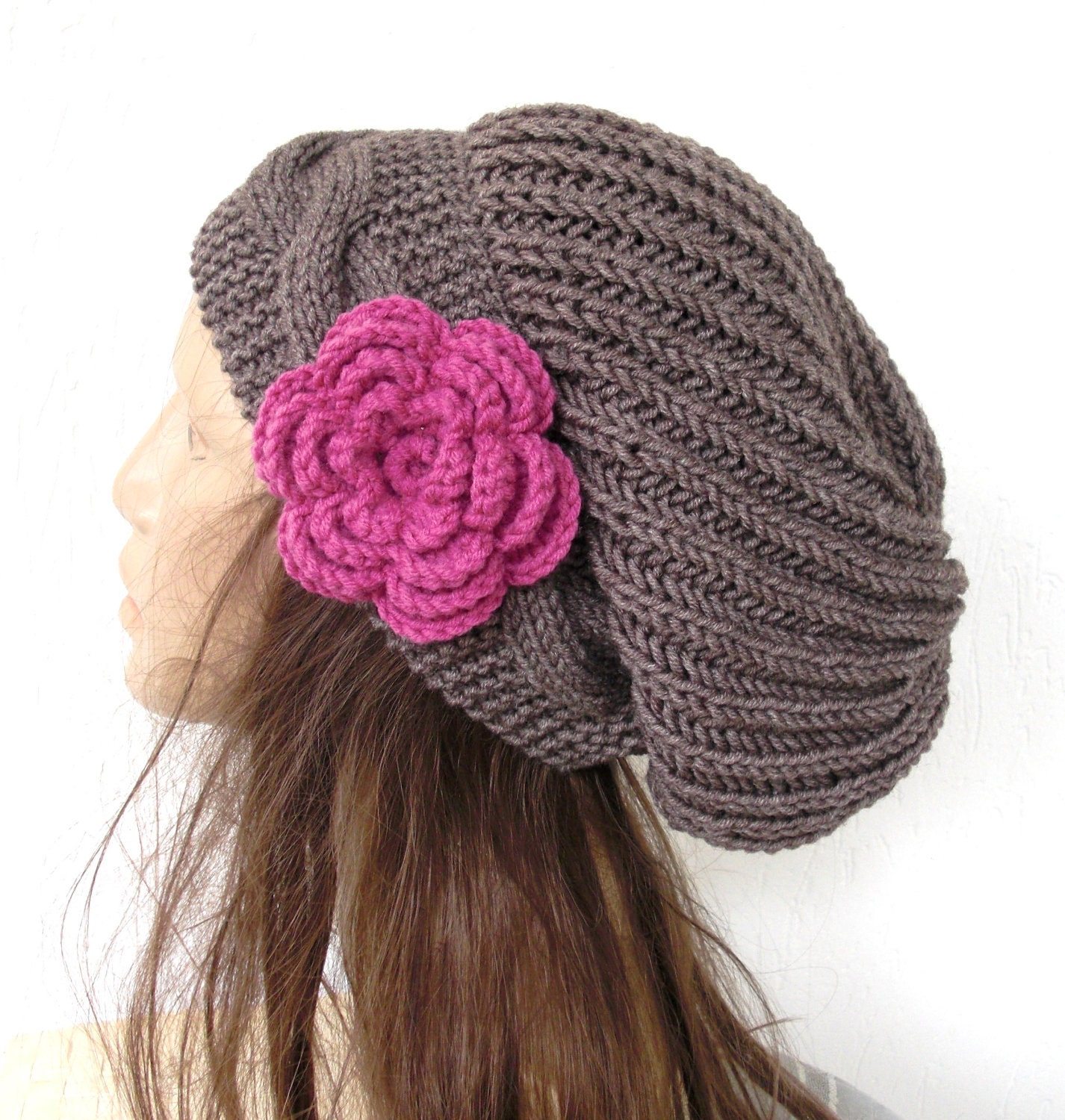 Hand Knit Hat- Womens hat - chunky knit Slouchy Beanie  Slouch  Hat Flower  Winter Accessories knitted beret taupe Autumn Fashion