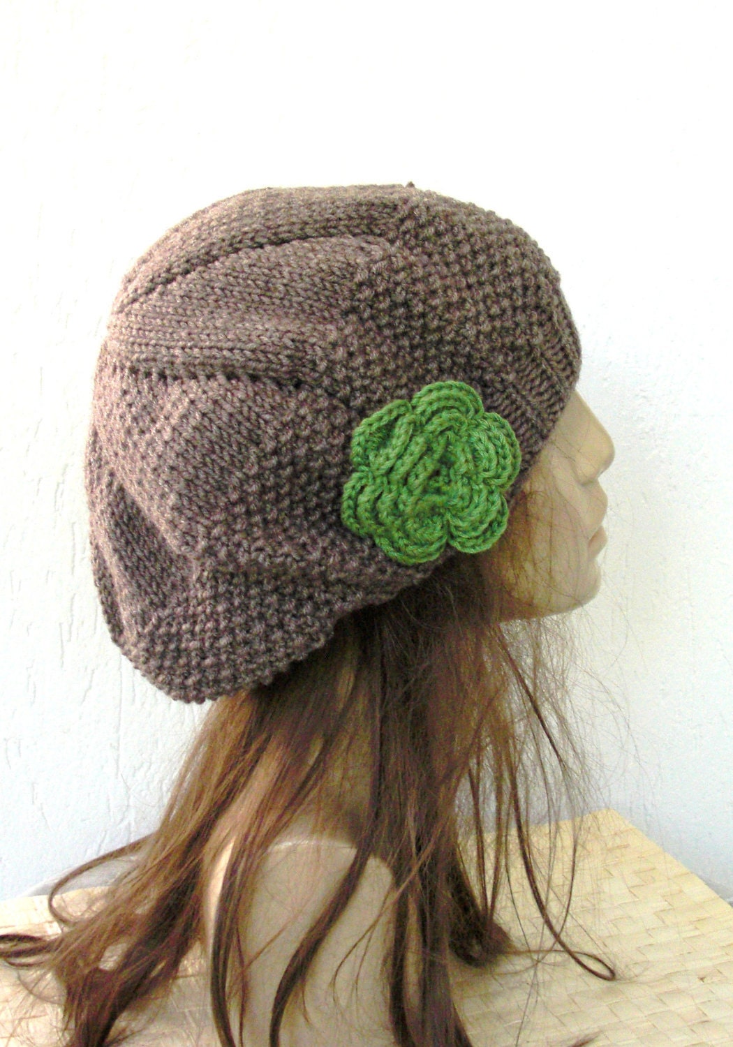 Hand Knit Hat - Womens hat- beret Taupe with green flower- womens Slouchy Beanie Fashion gifts Winter Accessories hat fashion tam