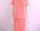 1960s Peach Boucle Skirt and Top Set Ascot Bow - Medium to Large