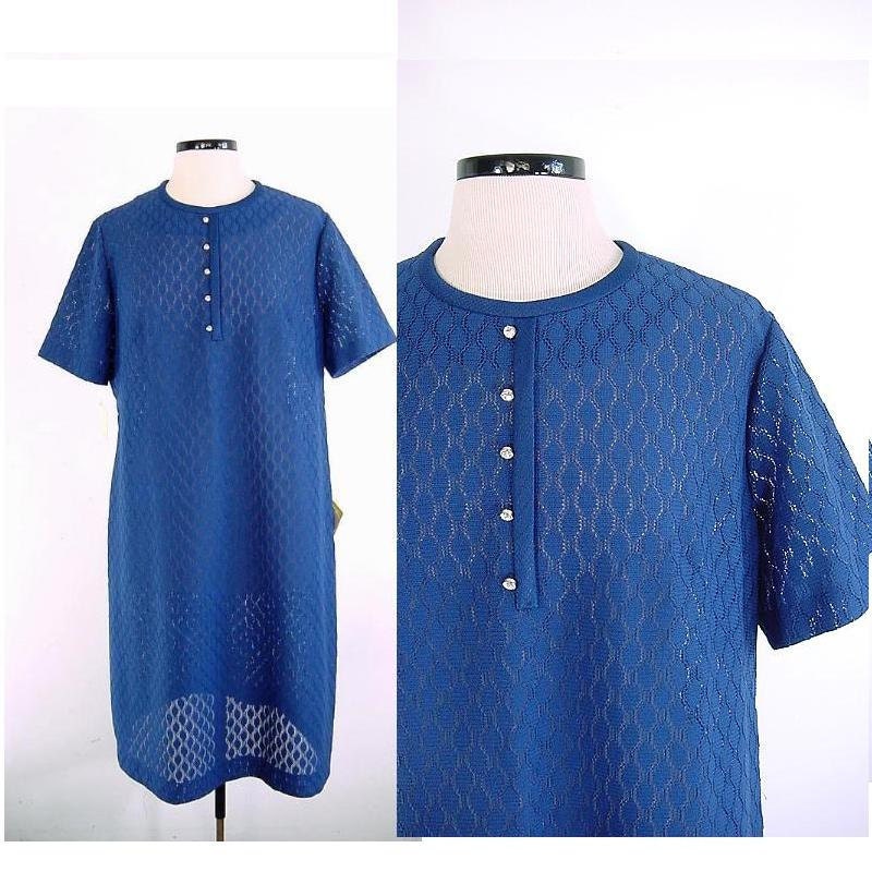 1960s Vintage Shift Dress Pointelle Pattern with Rhinestone Buttons Plus Size NWT
