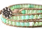 Tan Waxed Cotton, Silver Plate Button and Light Green Czech Glass Bead Wrap Bracelet