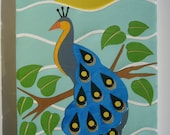 Original Vintage Retro Mod Collage Art on Canvas - Blue Peacock - 9x12