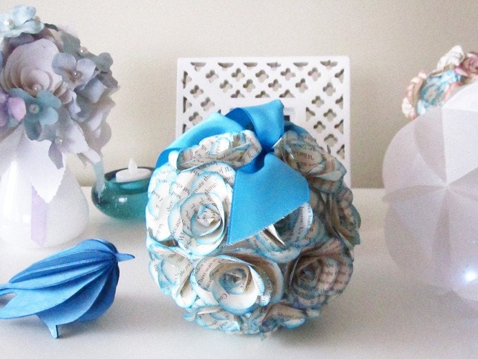 Blue BOOK Roses Pomander - Handmade Paper Flower Sphere