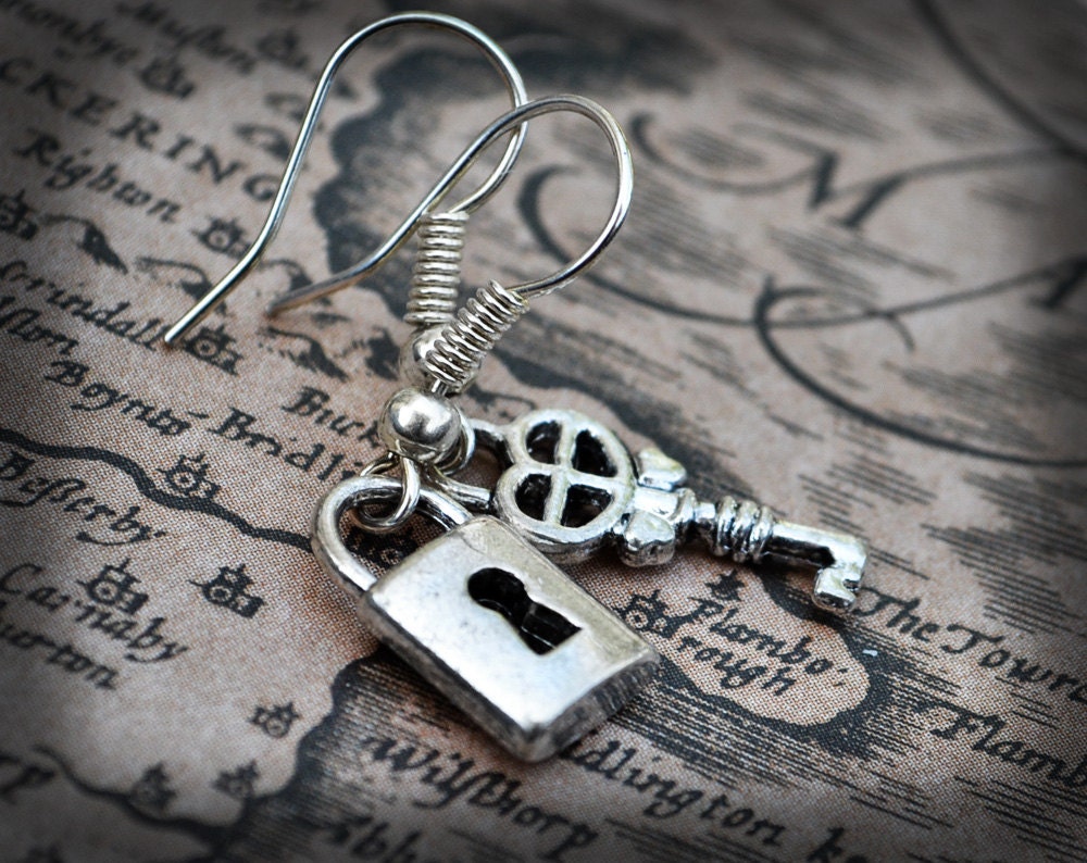 Lock and Key Earrings Antiqued Silver Earrings Tibetan Silver Dangle Petite Miniature Padlock Lead and Nickel Safe