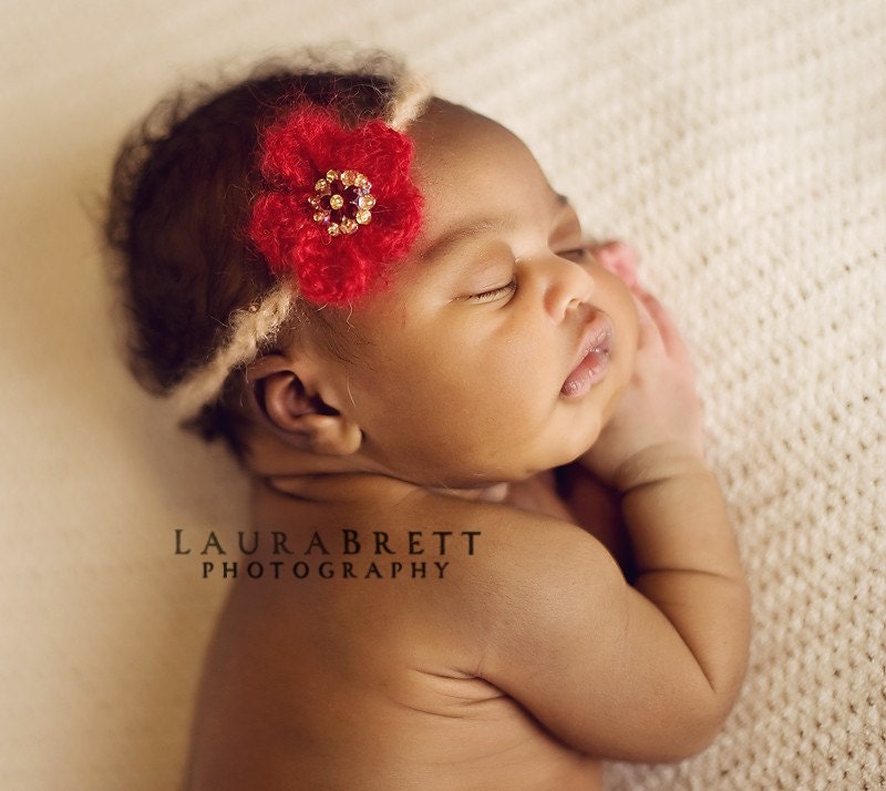 Fluffy Red and Gold Mohair Knitted Tie Back with Sparkly Beaded Center - newborn photo prop