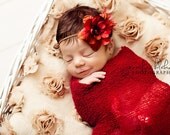Simple Flower Headband in VINTAGE RED with Feathers - newborn photo prop