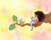 African American Girl Writer and Bluebird - Long Curly Brown Hair - The GIRL Who WROTE STORIES  - 8x10 Art Print - Children