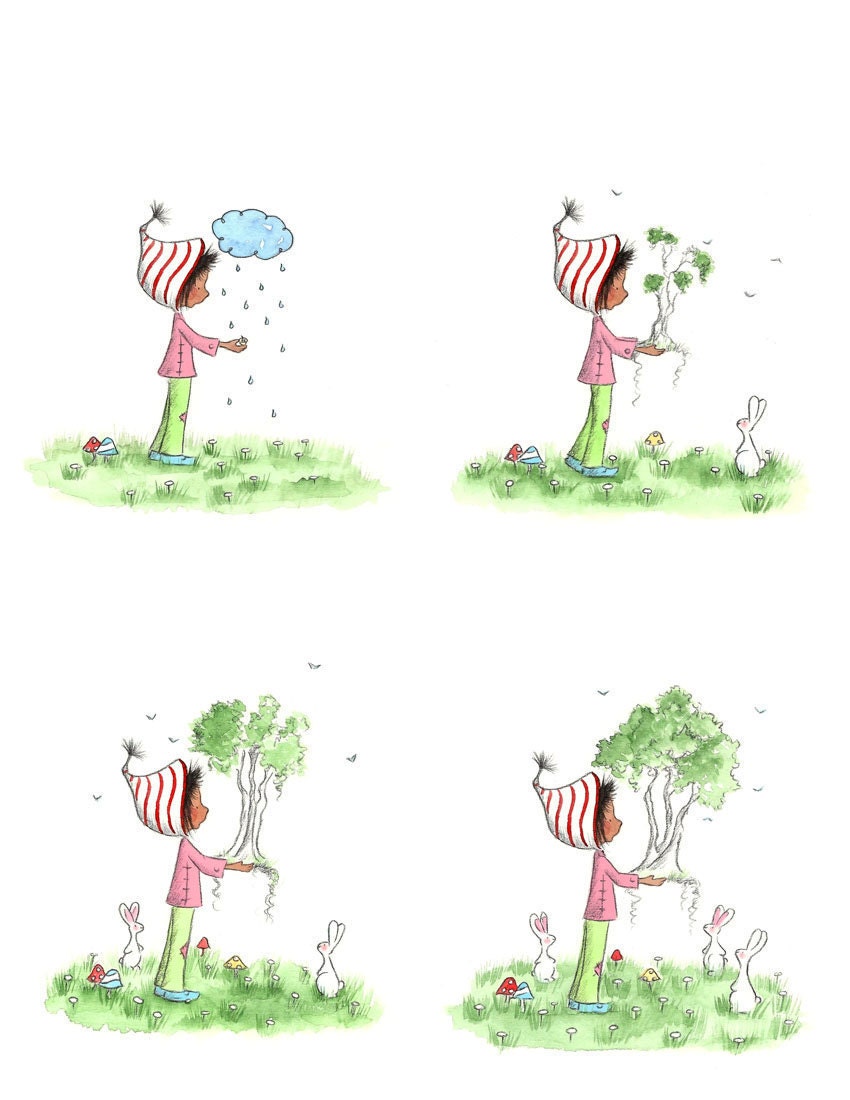 African American Girl With Tree and Bunnies - HOW To GROW a FOREST - Set of Four 8x10 Art Prints - Children