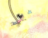 Brunette Girl on Swing and Bluebird - The GIRL Who COULD FLY - 5x7 Art Print Children