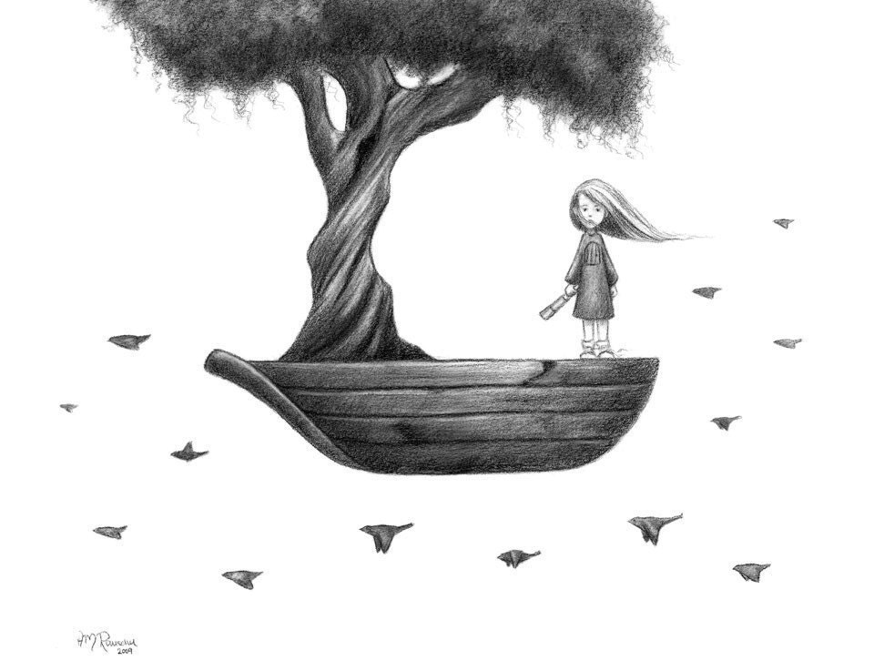 Girl in Boat with Tree and Birds - SAILING To BLUER SKIES - 8x10 Art Print