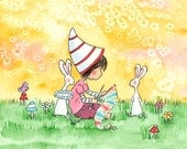 Girl Knitting With Bunnies Butterflies and Mushrooms  - KNITTING GIRL - 11x14 Fine Art Print