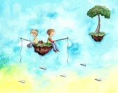 Boys Brothers Fishing Brown Hair and Blond Hair - CATCHING PAPER AIRPLANES - 8x10 Art Print - Children