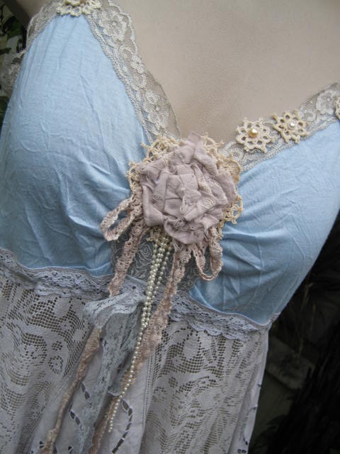 shabby chic..  tunic dress..ice blues, mermaid, Vintage Kitty.. antique lace and roses.. beach wedding.. LARGE - XL