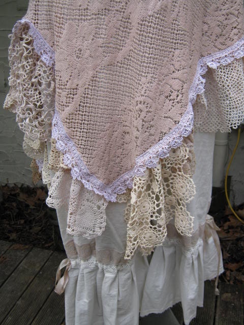 Vintage Kitty.. Lily Hannah..  tea dyed ecru.. upcycled lacey TUNIC vintage doilies.. super cute.. .. MED - XL
