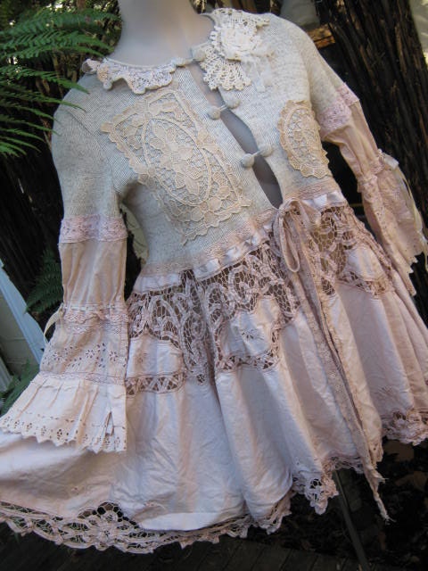 Vintage Kitty... luscious garden party tea coat... upcycled BATTERNBURG, crochet, roses. MED-XL