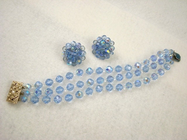 RESERVED FOR WISHINME - Vintage Blue Aurora Borealis Crystals Parure Set