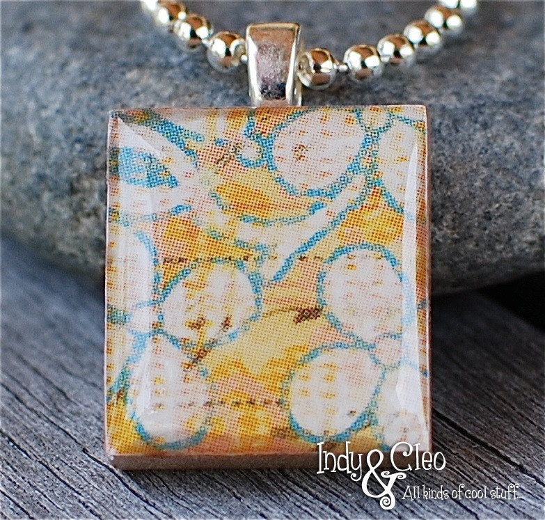 CREME TURQUOISE FLOWER Handmade Scrabble Tile Art Pendant Charm Jewelry