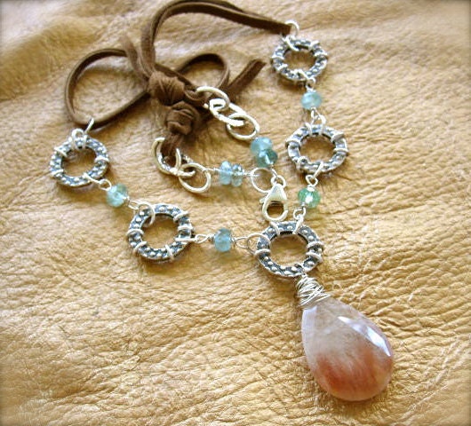 Fall Angel - Copper Tourmilated Quartz, Aquamarine, Sterling silver, and leather necklace - 17 inch