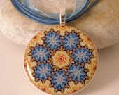 Kaleidoscope Pendant Polymer Clay Necklace Yellow and Blue