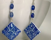 Blue Polymer Clay Earrings Image Transfer
