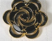 Vintage Black Gold Brooch Pendant Rhinestones Mid Century Modern