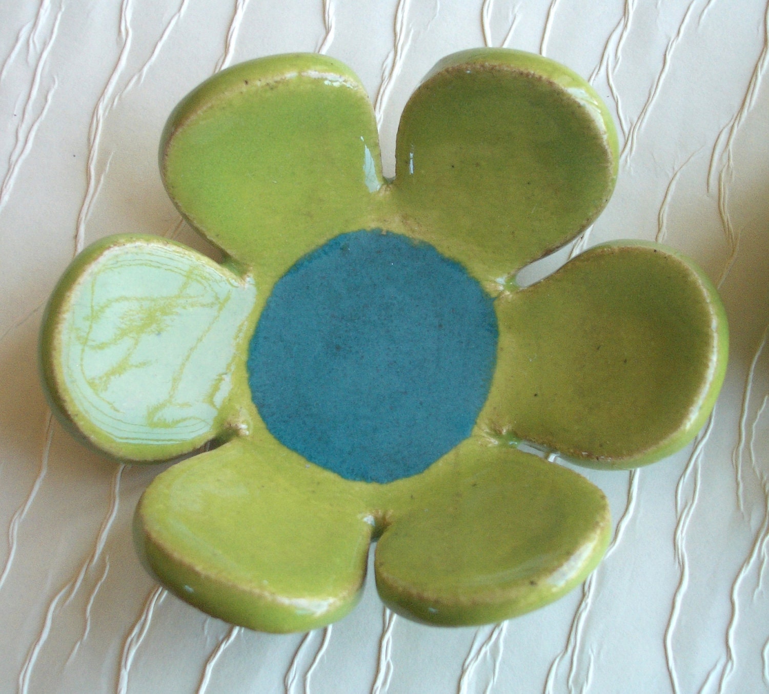 Ceramic Flower Dishes, Green Apple and Turquoise