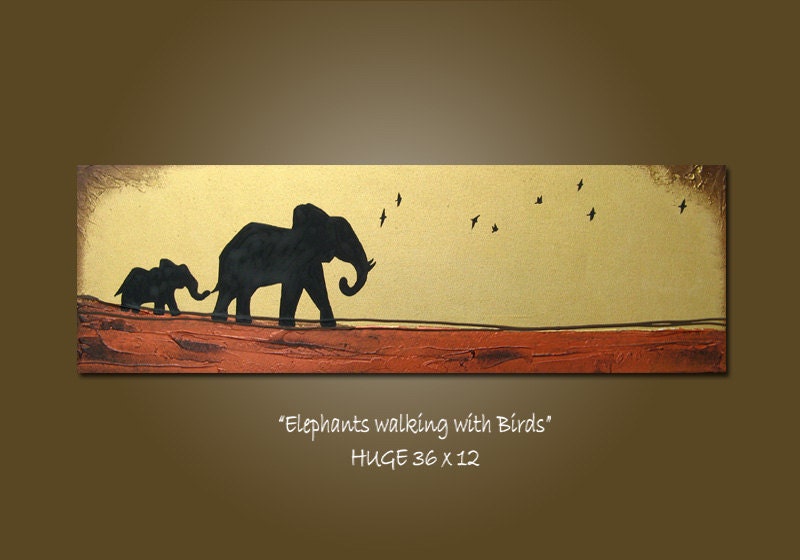 CUSTOM Original Modern Heavy Textured Acrylic Earthy Nature Contemporary Painting by Shanna - 36 x 12 - Elephants walking with Birds