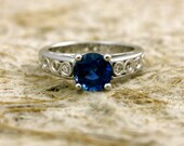 Blue Sapphire and Diamond Lucida-Style Engagement Ring with Scrolls in 14K White Gold