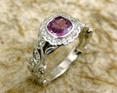 Hand Crafted Square Cushion Cut Purple Sapphire Leaf & Vine Engagement Ring in Platinum with Diamonds and Antiquing