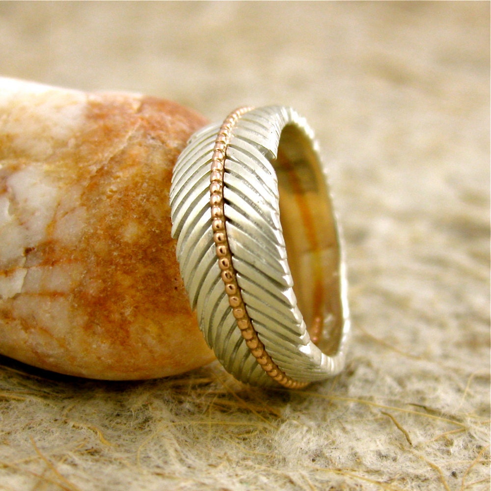 Handmade Feather Wrap Wedding Band in Two Tone Sterling Silver and 14K Rose Gold Beads on the Spine with Glossy Finish Size 4.5/6.5-4.5mm