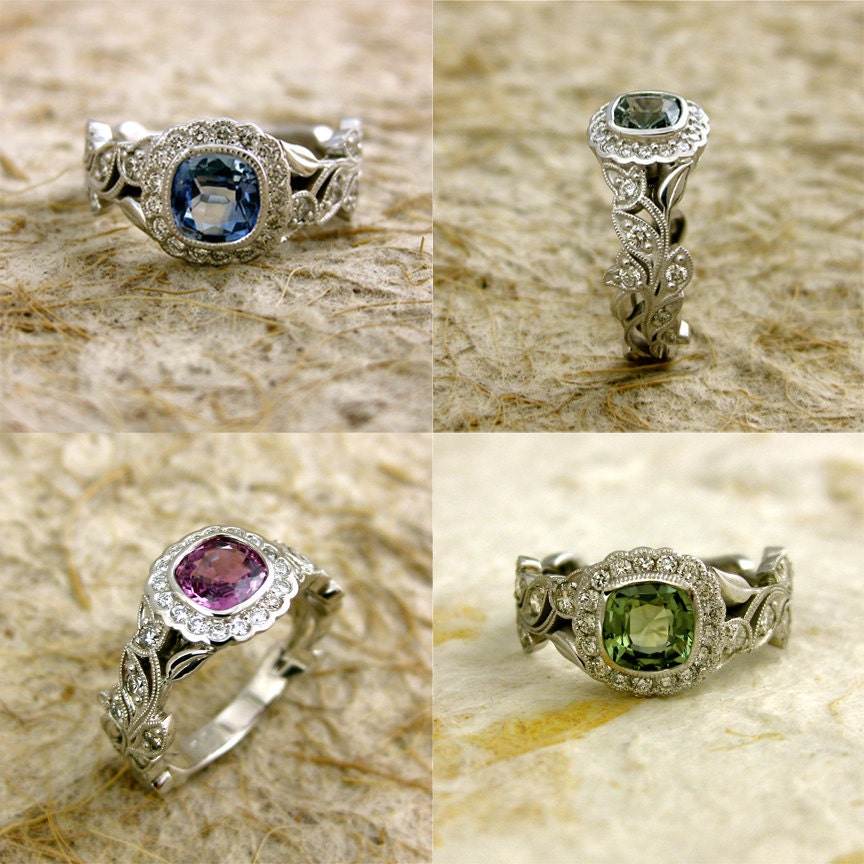 Order Your Custom Diamond Leaf Engagement Ring in Platinum or Gold with Cushion Cut or Oval Gemstone