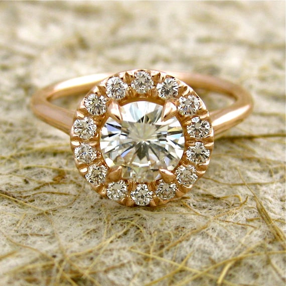Handmade Round Moissanite and Diamond Engagement Ring in 14K Rose Gold - Other Gems and Colors Available