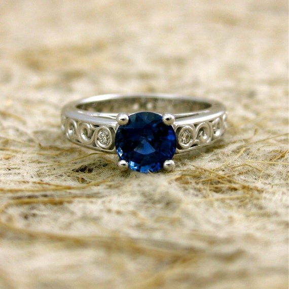 Blue Sapphire and Diamond Lucida-Style Engagement Ring with Scrolls in 14K White Gold