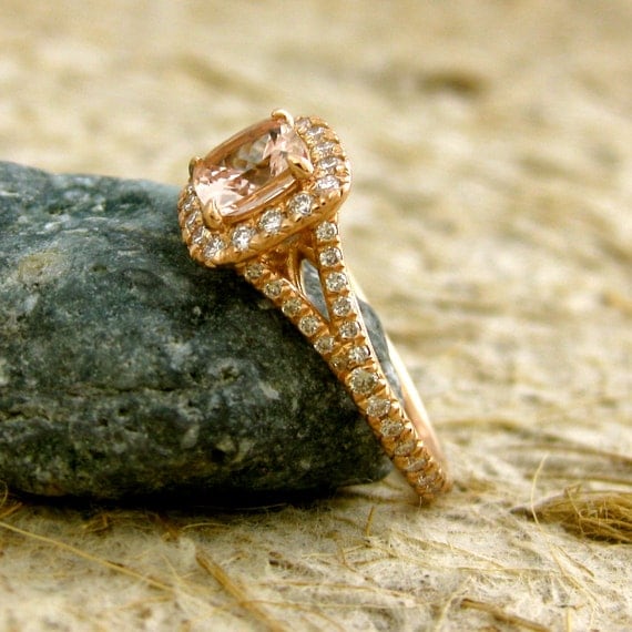 Handmade Antique Cushion Cut Peach Morganite Engagement Ring in 14k Rose Gold with Diamonds