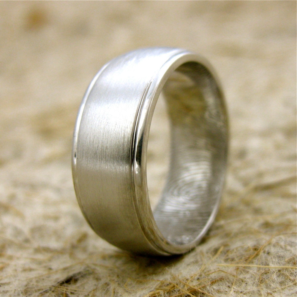 Custom Designed Double Finger or Thumb Print Wedding Ring in 14K White Gold with Matte Center and Glossy Edges Size 9/8mm