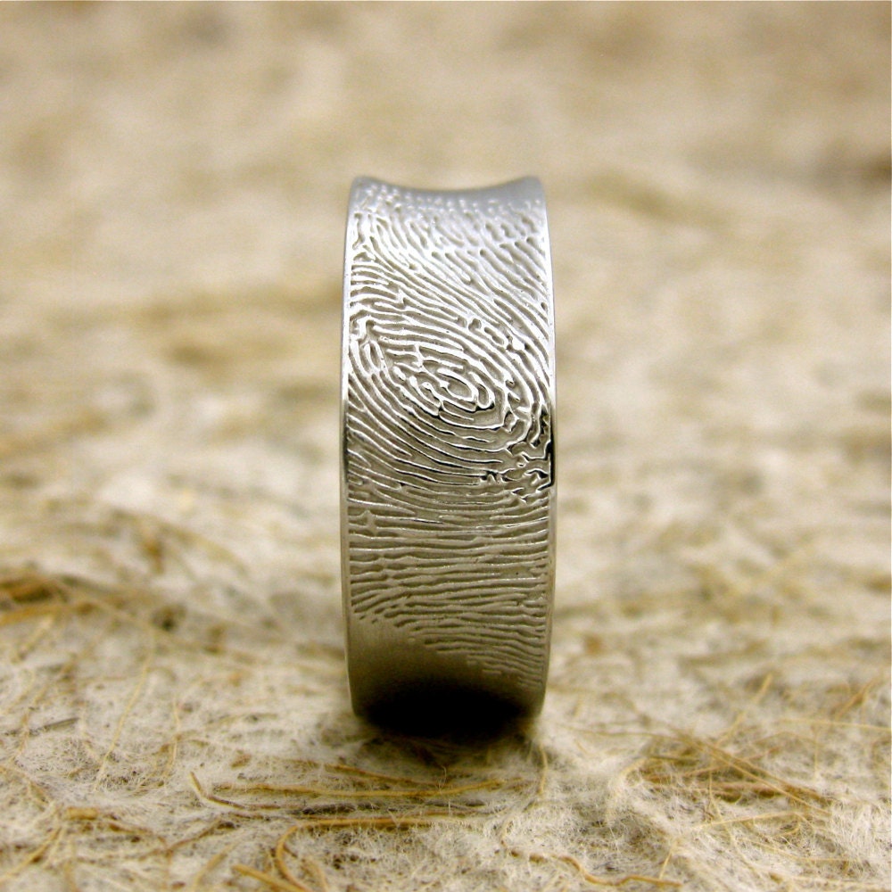 Personalized Pair of Concave Finger Print Wedding or Anniversary Rings in 14K White Gold Matte Size 11/8mm 5/5.5mm