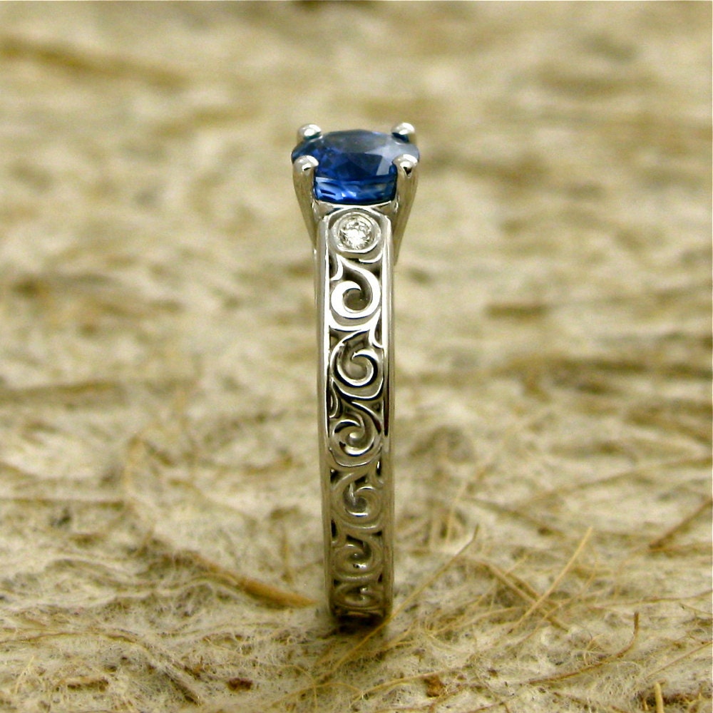 Blue Sapphire and Diamond Lucida-Style Engagement Ring with Scrolls in 14K White Gold