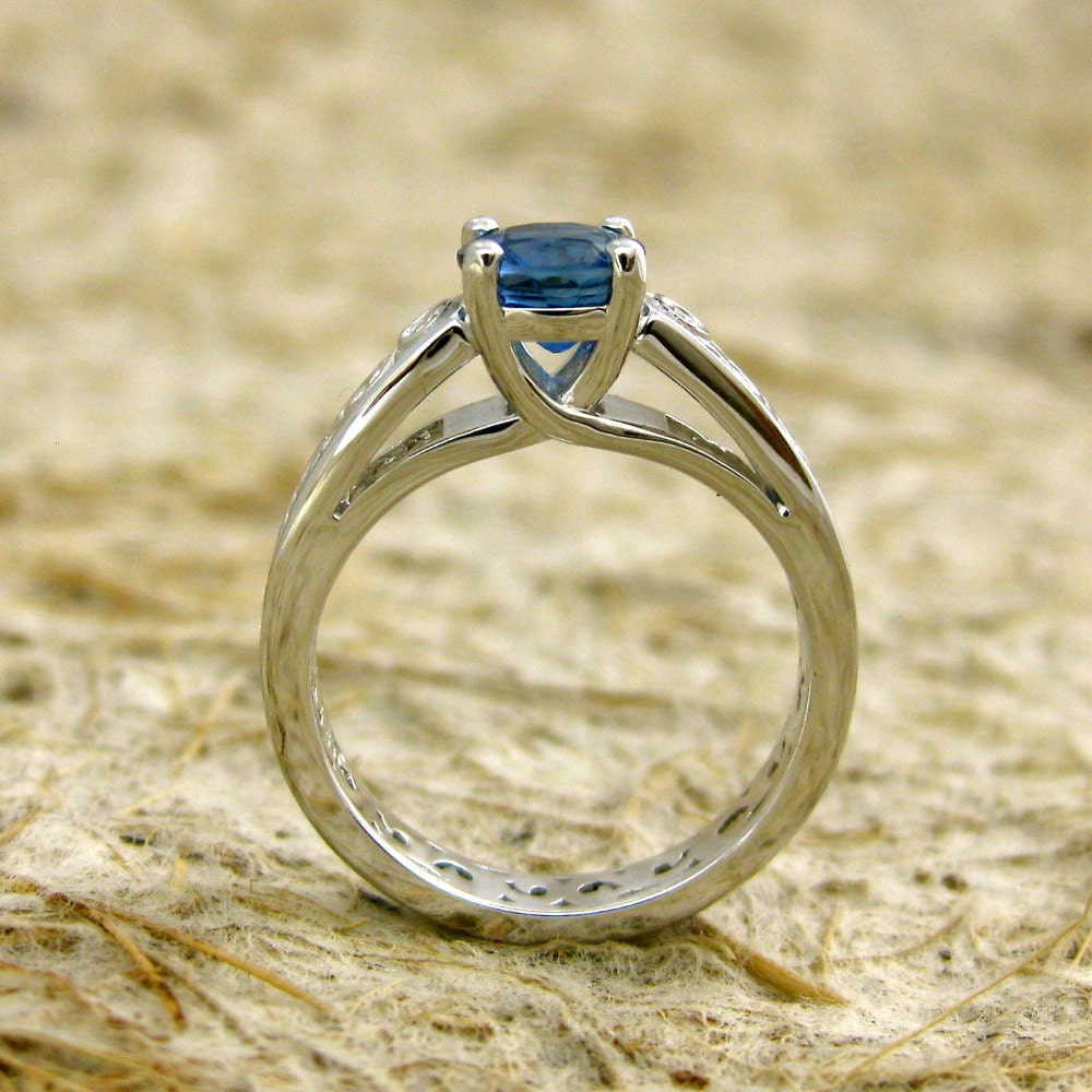 Blue Sapphire and Diamond Lucida-Style Engagement Ring with Scrolls in 14K White Gold