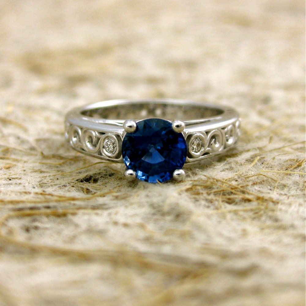 Blue Sapphire and Diamond Lucida-Style Engagement Ring with Scrolls in 14K White Gold