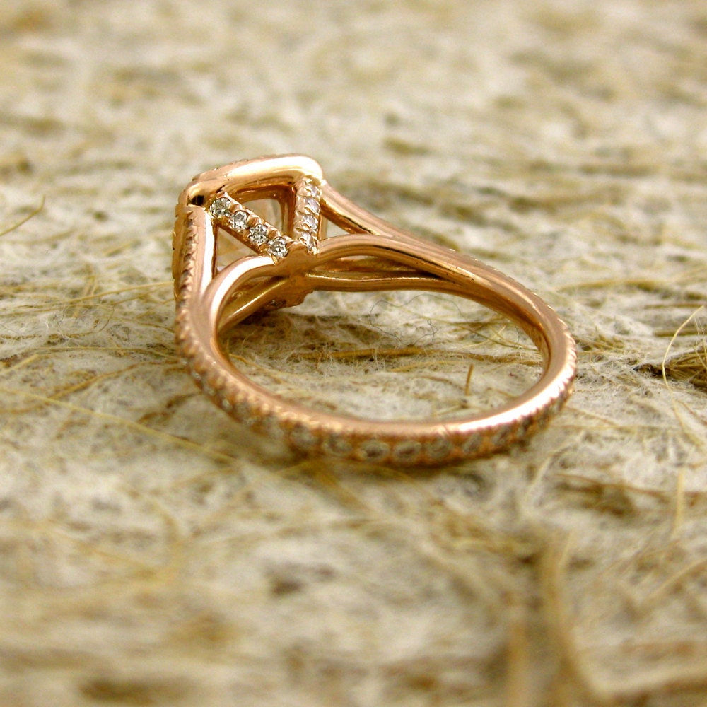 Handmade Antique Cushion Cut Peach Morganite Engagement Ring in 14k Rose Gold with Diamonds