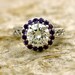 Custom Built Diamond Engagement Ring in 14K White Gold with Deep Purple Amethysts and Scroll Work