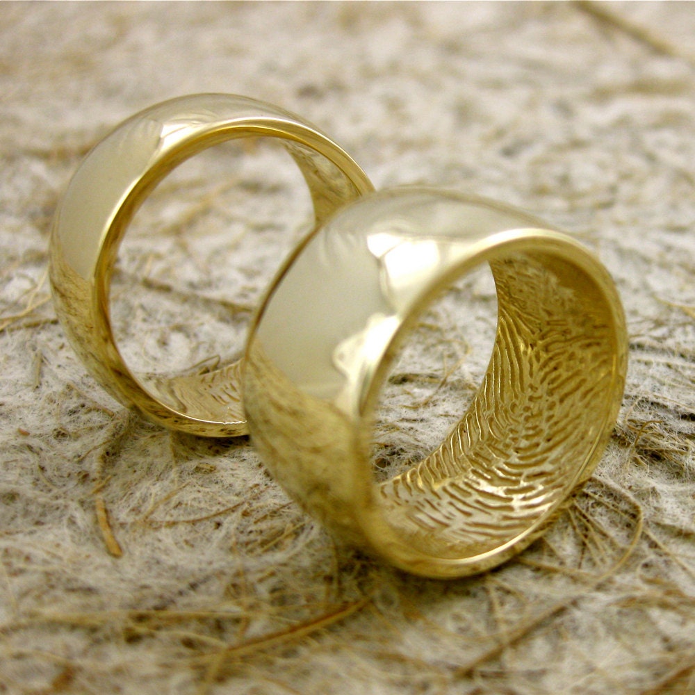 Handmade Personalized Finger Print Wedding Rings in 14K Yellow Gold with Rounded Profile Glossy Size 8/8mm & 6.5/10mm
