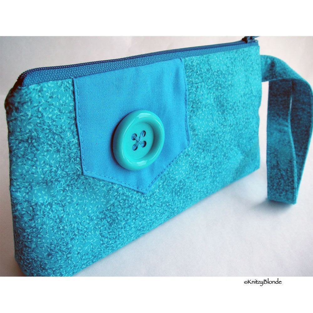 Zipper Pouch Cosmetics Bag Knitting Notions Wristlet Button Flap Marine Blue Turquoise